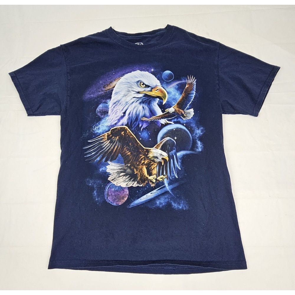 DOM T-Shirt Mens Medium.β Bald Eagle Nature Space Moon Planets Navy Blue Tee.